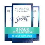 Secret Clinical Strength Antiperspirant Deodorant for Women, Free & Sensitive, 3X Stress Protection, 72hr Sweat & Odor Protection, PH Balancing Minerals, Soft Solid, Unscented, 1.6 oz (Pack of 3)