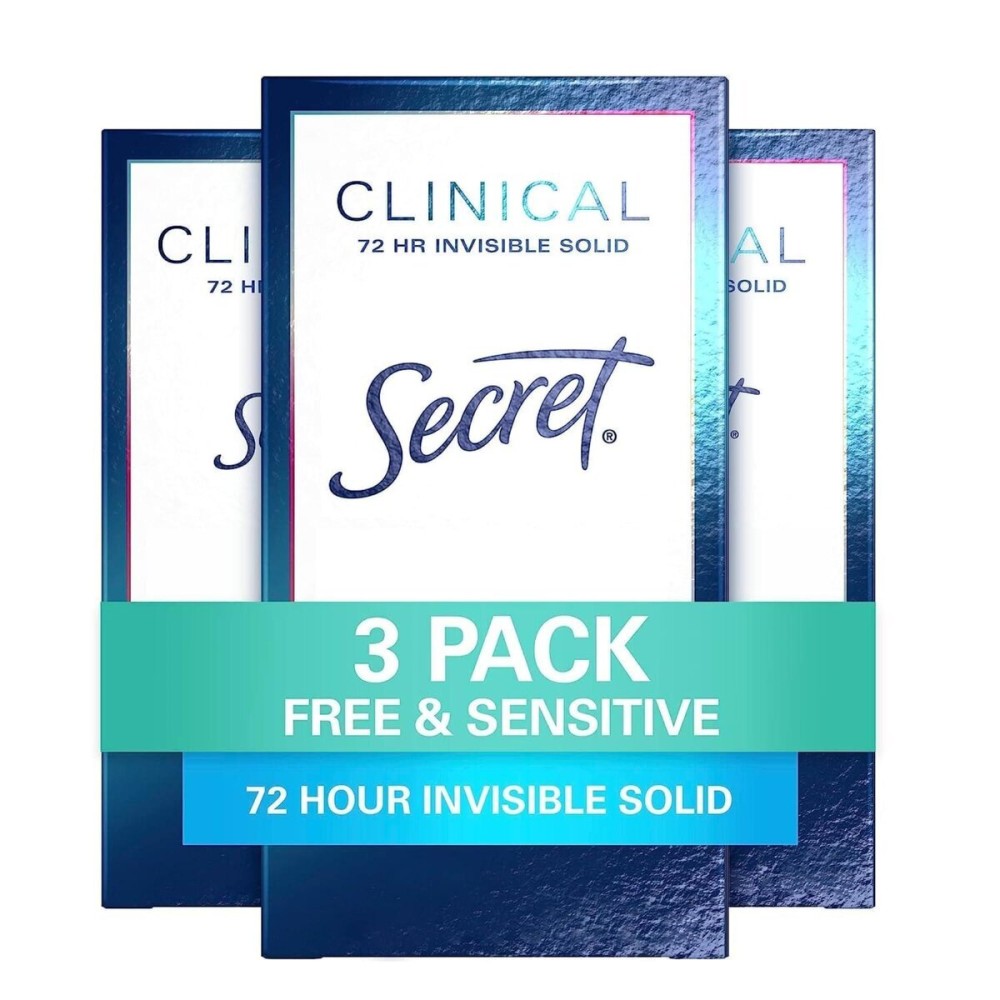 Secret Clinical Strength Antiperspirant Deodorant for Women, Free & Sensitive, 3X Stress Protection, 72hr Sweat & Odor Protection, PH Balancing Minerals, Invisible Solid, Unscented, 1.6 oz (Pack of 3)
