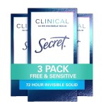 Secret Clinical Strength Antiperspirant Deodorant for Women, Free & Sensitive, 3X Stress Protection, 72hr Sweat & Odor Protection, PH Balancing Minerals, Invisible Solid, Unscented, 1.6 oz (Pack of 3)