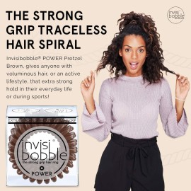 invisibobble Power Traceless Spiral Hair Ties - 3 Pack - Pretzel Brown - Strong Elastic Grip Coil Hair Accessories for Active Women - No Kink, Non Soaking - Gentle for Girls Teens and Thick Hair