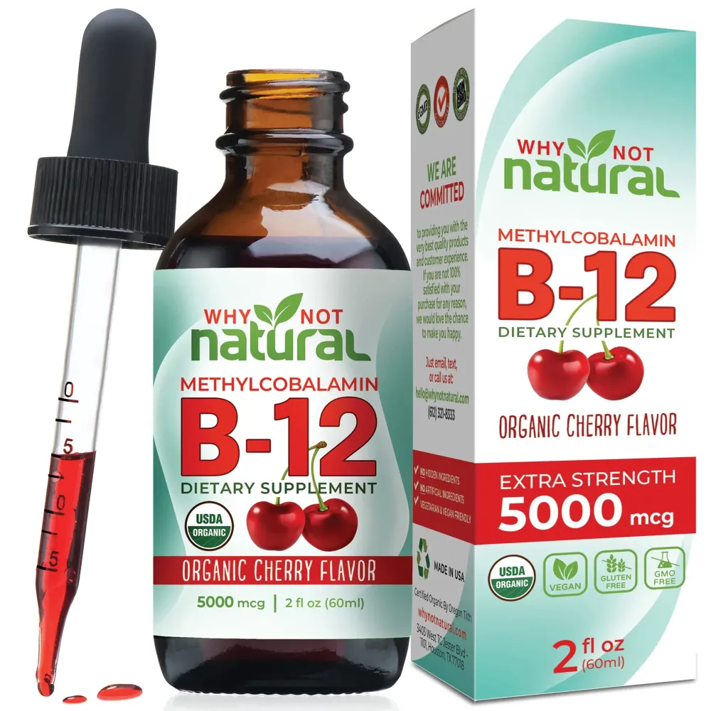 Why Not Natural Organic Vitamin B12 Liquid - Sublingual Extra Strength 60 x 5000 mcg Methylcobalamin Drops, Vegan, Maximize Absorption and Energy Why Not Natural Organic Vitamin B12 Liquid - Sublingual Extra Strength 60 x 5000 mcg Methylcobalamin Drops, Vegan, Maximize Absorption and Energy