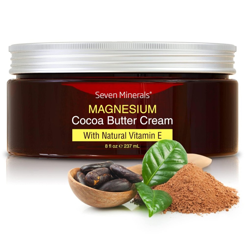 Seven Minerals, Natural Magnesium Cream for Pain Calm, Leg Cramps, Sleep & Muscle Soreness With Moisturizing Organic Cocoa Butter & Vitamin E - No Harmful Ingredients USA Made Safe for Kids (8 fl oz) Seven Minerals, Natural Magnesium Cream for Pain Calm, Leg Cramps, Sleep & Muscle Soreness With Moisturizing Organic Cocoa Butter & Vitamin E - No Harmful Ingredients USA Made Safe for Kids (8 fl oz)