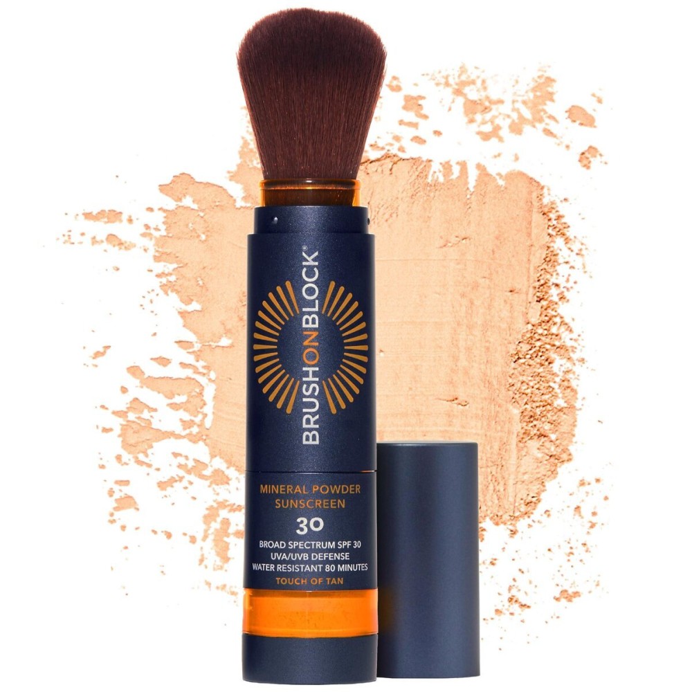 Brush On Block SPF 30 Mineral Powder Sunscreen, Touch of Tan, Refillable, Broad Spectrum, Water Resistant Face Protection, For All Skin Types, Subtle Hint of Color, Reef Friendly, Mfg in USA