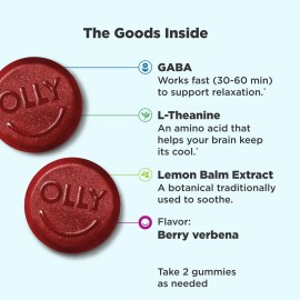 OLLY Goodbye Stress Gummy, GABA, L-Theanine, Lemon Balm, Stress Relief Supplement, Berry - 42 Count OLLY Goodbye Stress Gummy, GABA, L-Theanine, Lemon Balm, Stress Relief Supplement, Berry - 42 Count