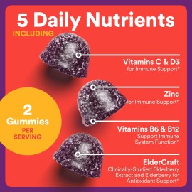 SmartyPants Kids Immunity Elderberry Gummies: Kids Immune Support Supplement, Vitamin C, Vitamin D, Vitamins B6 & B12 and Zinc, Gluten Free, Elderberry Flavor, 60 Count (30 Day Supply)