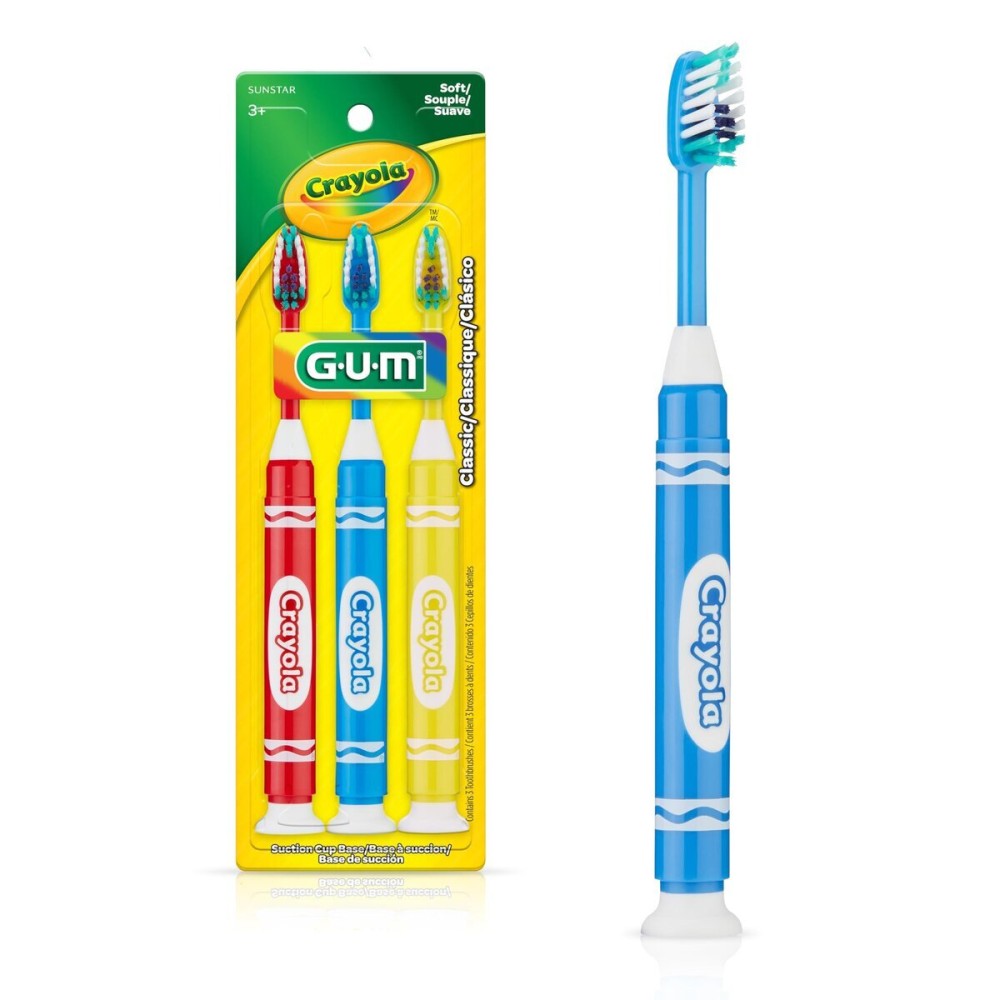 GUM Crayola Marker Childrens Toothbrush, Soft Bristled Kids Toothbrush Set Age 3+, Suction Cup Base, 3 Count GUM Crayola Marker Childrens Toothbrush, Soft Bristled Kids Toothbrush Set Age 3+, Suction Cup Base, 3 Count