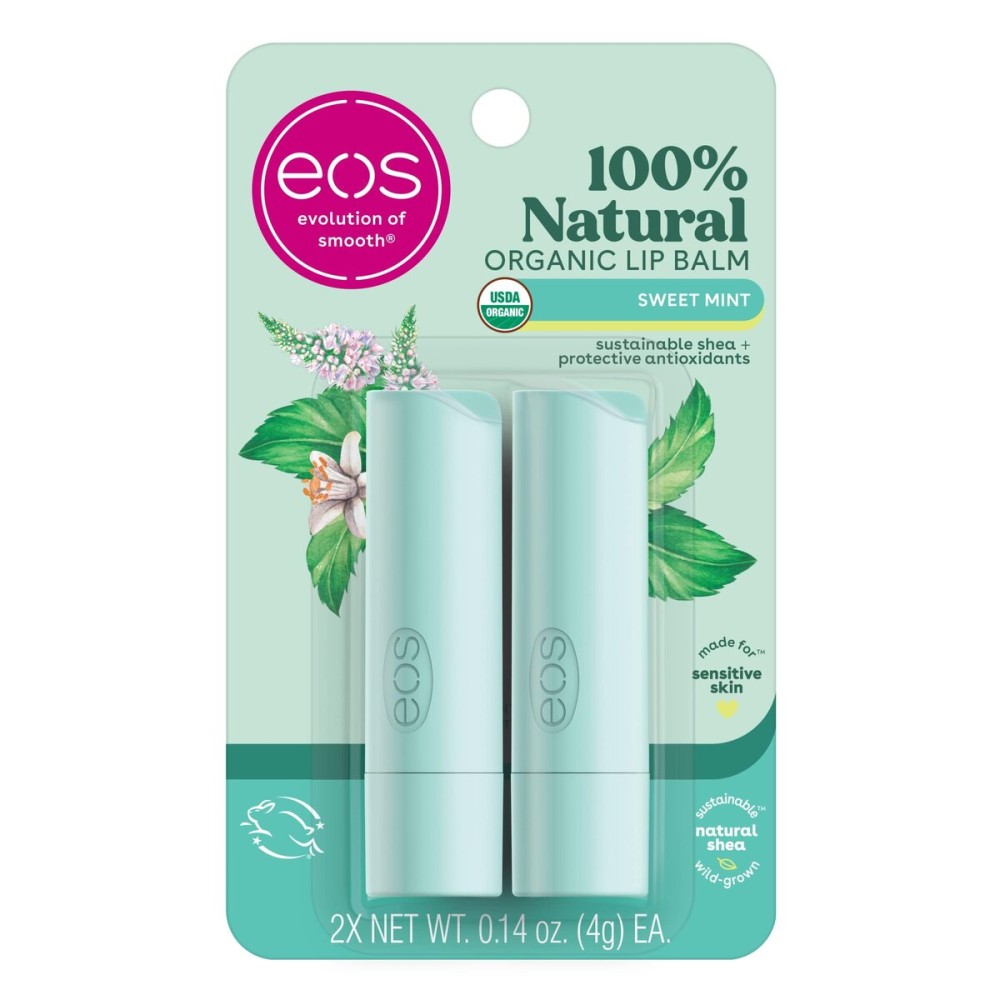 eos 100% Natural & Organic Lip Balm Sticks - Sweet Mint, All Natural Lip Balm, All-Day Moisture, Dermatologist Recommended, 0.14 oz, 2-Pack eos 100% Natural & Organic Lip Balm Sticks - Sweet Mint, All Natural Lip Balm, All-Day Moisture, Dermatologist Recommended, 0.14 oz, 2-Pack