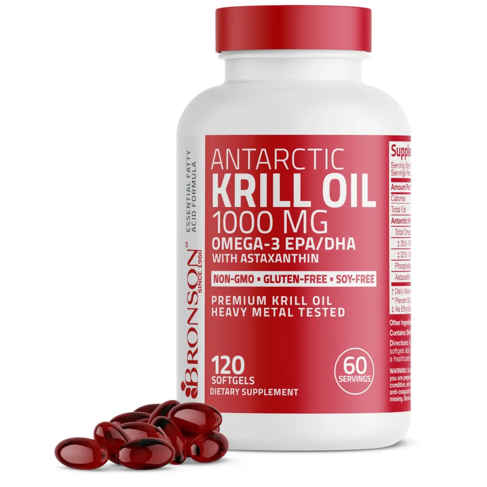 Bronson Antarctic Krill Oil 1000 mg with Omega-3s EPA, DHA, Astaxanthin and Phospholipids 120 Softgels Bronson Antarctic Krill Oil 1000 mg with Omega-3s EPA, DHA, Astaxanthin and Phospholipids 120 Softgels