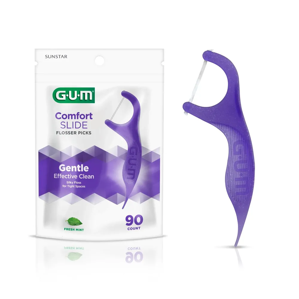 GUM Comfort Slide Floss Picks - Perfect for Tight Teeth - Extra Strong Shred-Resistant Dental Floss, Easy Grip Handle - Dental Flossers for Adults - Fresh Mint Flavor, 90 Count GUM Comfort Slide Floss Picks - Perfect for Tight Teeth - Extra Strong Shred-Resistant Dental Floss, Easy Grip Handle - Dental Flossers for Adults - Fresh Mint Flavor, 90 Count