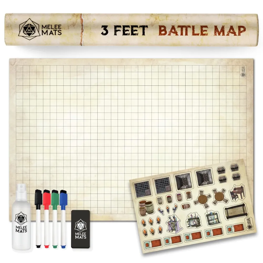 Melee Mats DND Map Starter Kit for Dungeons & Dragons Game - 24 x 36, Wet/Dry Erase Battle Terrain Grid - Ultimate Tabletop Gaming Experience with Accessories Melee Mats DND Map Starter Kit for Dungeons & Dragons Game - 24 x 36, Wet/Dry Erase Battle Terrain Grid - Ultimate Tabletop Gaming Experience with Accessories
