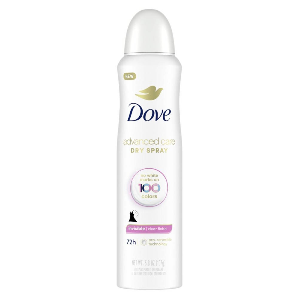 Dove Advanced Care Antiperspirant Deodorant Spray Clear Finish Invisible antiperspirant deodorant tested on 100 colors 72-hour odor and sweat protection with Pro-Ceramide technology 3.8 oz Dove Advanced Care Antiperspirant Deodorant Spray Clear Finish Invisible antiperspirant deodorant tested on 100 colors 72-hour odor and sweat protection with Pro-Ceramide technology 3.8 oz