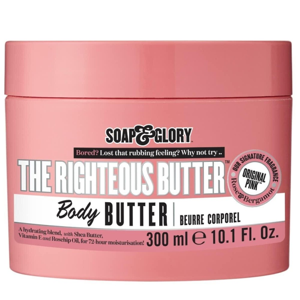 Soap & Glory The Righteous Moisturizing Body Butter - Hydrating Vegan Body Moisturizer for Dry Skin with Shea Butter, Vitamin E & Rosehip Seed Oil - Rich Cream for Women & Men (300ml)