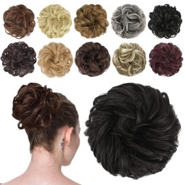 FESHFEN Messy Bun Hair Piece - Elastic Wavy Curly Hair Bun Scrunchies Extensions Synthetic Chignon Hairpieces for Women Girls, Black Brown 1 PCS