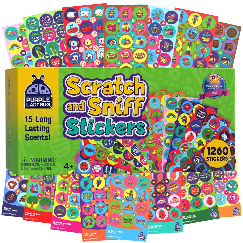 Purple Ladybug Mega Variety Pack of 1260 Scratch and Sniff Stickers - 15 Unique Scents - Fun and Motivational Rewards for Kids and Teachers, Smelly Sticker for Classroom Purple Ladybug Mega Variety Pack of 1260 Scratch and Sniff Stickers - 15 Unique Scents - Fun and Motivational Rewards for Kids and Teachers, Smelly Sticker for Classroom