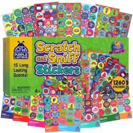 Purple Ladybug Mega Variety Pack of 1260 Scratch and Sniff Stickers - 15 Unique Scents - Fun and Motivational Rewards for Kids and Teachers, Smelly Sticker for Classroom