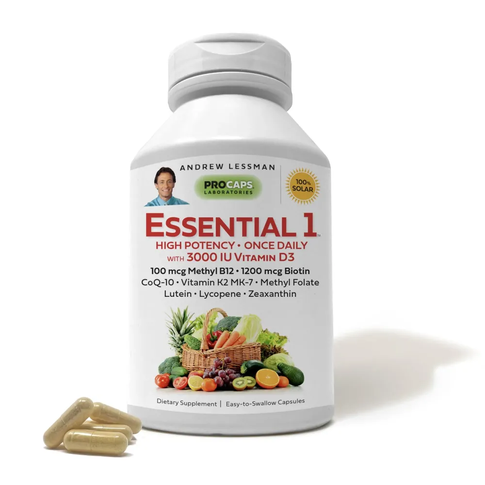 ANDREW LESSMAN Essential-1 Multivitamin 3000 IU Vitamin D3 60 Small Capsules - 100 mcg Methyl B12. CoQ10 Lutein Lycopene Zeaxanthin. High Potency. No Additives. Ultra-Mild. One Daily Capsule ANDREW LESSMAN Essential-1 Multivitamin 3000 IU Vitamin D3 60 Small Capsules - 100 mcg Methyl B12. CoQ10 Lutein Lycopene Zeaxanthin. High Potency. No Additives. Ultra-Mild. One Daily Capsule