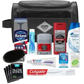 Convenience Kits International Men\'s Premium 15-Piece Kit wth Travel Size TSA Compliant Essentials, Featuring: Head & Shoulders Dandruff Shampoo Classic Clean and Palm Scalp Brush in Black Dopp Bag