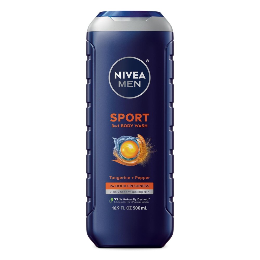 NIVEA Men Sport Body Wash with Revitalizing Minerals, Tangerine and Pepper Scent, 3-in-1 Men\'s Body Wash, Face and Hair, Paraben Free, Vegan Formula, 16.9 Fl Oz Bottle NIVEA Men Sport Body Wash with Revitalizing Minerals, Tangerine and Pepper Scent, 3-in-1 Men\'s Body Wash, Face and Hair, Paraben Free, Vegan Formula, 16.9 Fl Oz Bottle