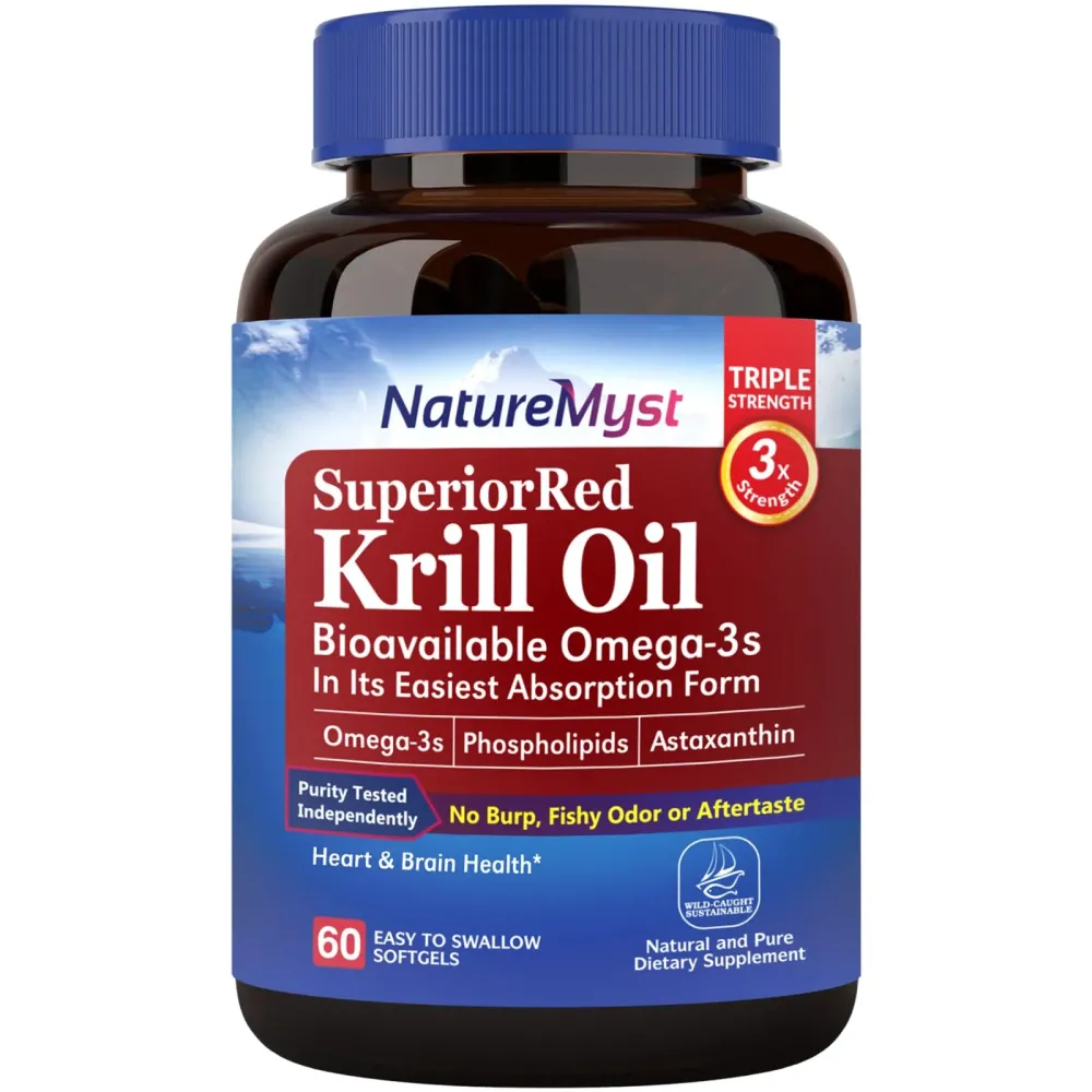 NatureMyst Antarctic Krill Oil 1000 mg Softgels, Krill Oil Omega-3s, EPA, DHA, Astaxanthin & Phospholipids, Brain, Heart Health, 60 Softgels, Non-GMO, No Gluten, Made in The USA NatureMyst Antarctic Krill Oil 1000 mg Softgels, Krill Oil Omega-3s, EPA, DHA, Astaxanthin & Phospholipids, Brain, Heart Health, 60 Softgels, Non-GMO, No Gluten, Made in The USA