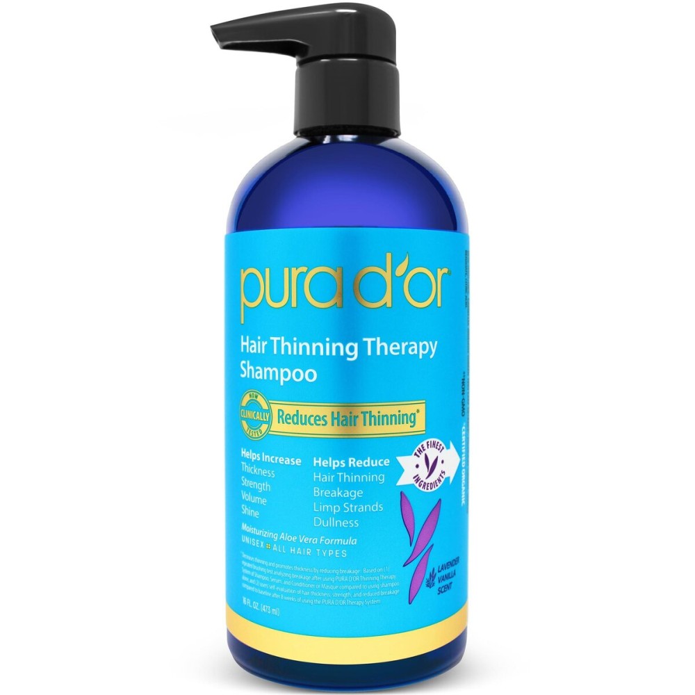 PURA D\'OR 16 Oz Hair Thinning Therapy Biotin Shampoo - LAVENDER VANILLA Scent - CLINICALLY TESTED Effective Results, Herbal Blend Hair Thickening Products Women & Men, Color Safe Routine Shampoo