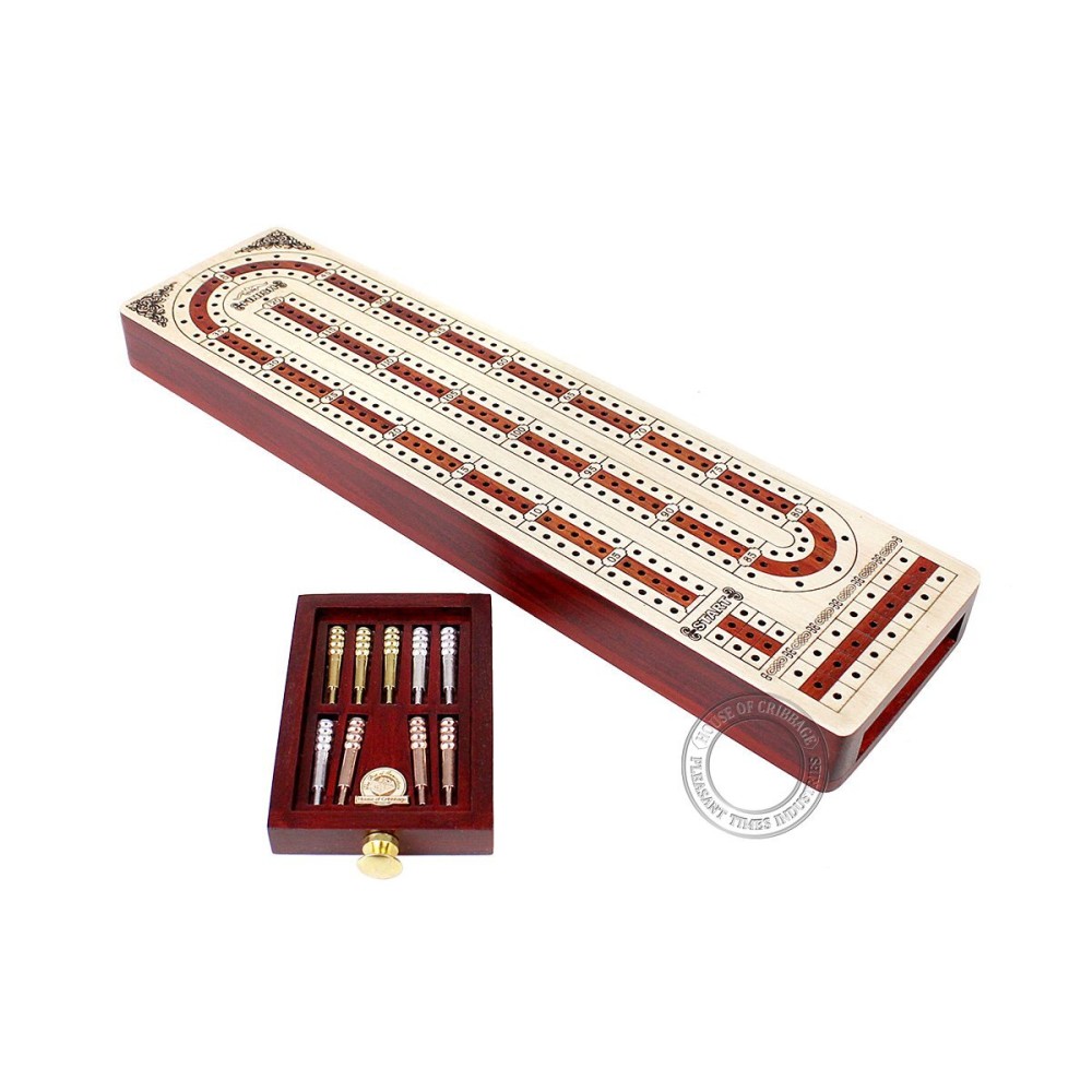 Continuous Cribbage Board Alphabet e Shape Inlaid in Maple and Bloodwood with Storage Drawer for Cribbage pegs 12.4 - 3 Tracks - House of Cribbage