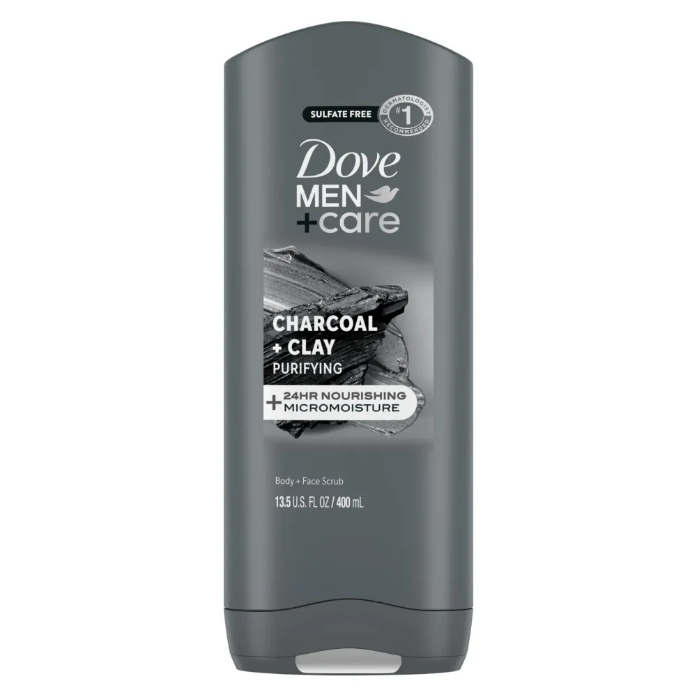 DOVE MEN + CARE Purifying Charcoal + Clay Body and Face Wash with 24-Hour Nourishing Micromoisture Technology Body Wash for Men, 13.5 oz