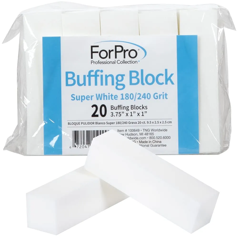 ForPro Professional Collection Buffing Block, Super White, 180/240 Grit, Four-Sided Manicure and Pedicure Nail Buffer, 3.75 L x 1 W x 1 H, 20-Count