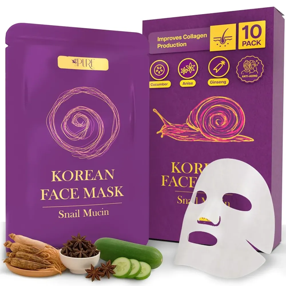 LA PURE Korean Face Mask - 10ct Snail Mucin Hydrating Face Masks Anti Wrinkle Anti Aging Deep Moisturizing Natural Snail Mucin Mask Sheet Mask Paraben Free Facial Skin Care Products Korean Skin Care