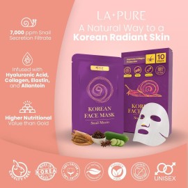 LA PURE Korean Face Mask - 10ct Snail Mucin Hydrating Face Masks Anti Wrinkle Anti Aging Deep Moisturizing Natural Snail Mucin Mask Sheet Mask Paraben Free Facial Skin Care Products Korean Skin Care