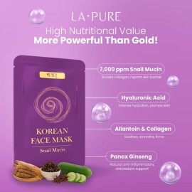 LA PURE Korean Face Mask - 10ct Snail Mucin Hydrating Face Masks Anti Wrinkle Anti Aging Deep Moisturizing Natural Snail Mucin Mask Sheet Mask Paraben Free Facial Skin Care Products Korean Skin Care