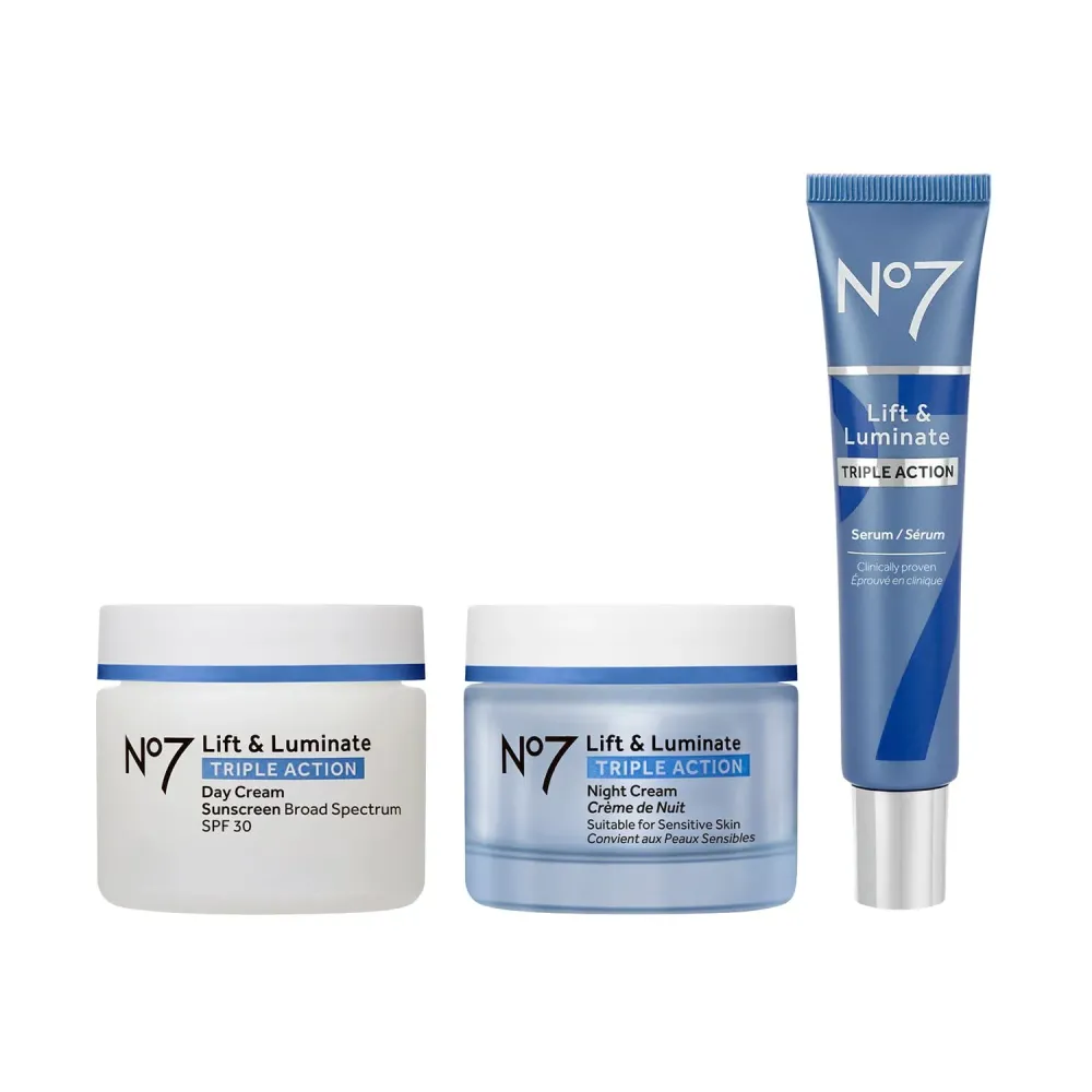 No7 Lift & Luminate Triple Action Skincare Set - Broad Spectrum Anti Aging Day Cream SPF 30 + Vitamin C Wrinkle Serum + Collagen Peptide Brightening Night Cream (3 Piece Kit) No7 Lift & Luminate Triple Action Skincare Set - Broad Spectrum Anti Aging Day Cream SPF 30 + Vitamin C Wrinkle Serum + Collagen Peptide Brightening Night Cream (3 Piece Kit)