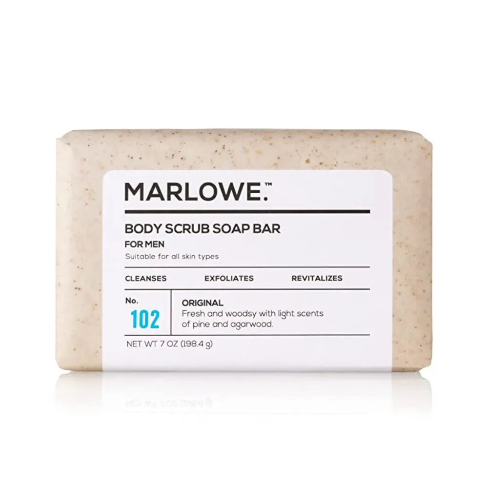 MARLOWE. No. 102 Men\'s Body Scrub Soap 7 oz, Fresh Original Woodsy Scent, Best Exfoliating Bar for Men, Made with Natural Ingredients, Apricot Seed Powder, Shea Butter, Olive Oil, Green Tea Extracts MARLOWE. No. 102 Men\'s Body Scrub Soap 7 oz, Fresh Original Woodsy Scent, Best Exfoliating Bar for Men, Made with Natural Ingredients, Apricot Seed Powder, Shea Butter, Olive Oil, Green Tea Extracts