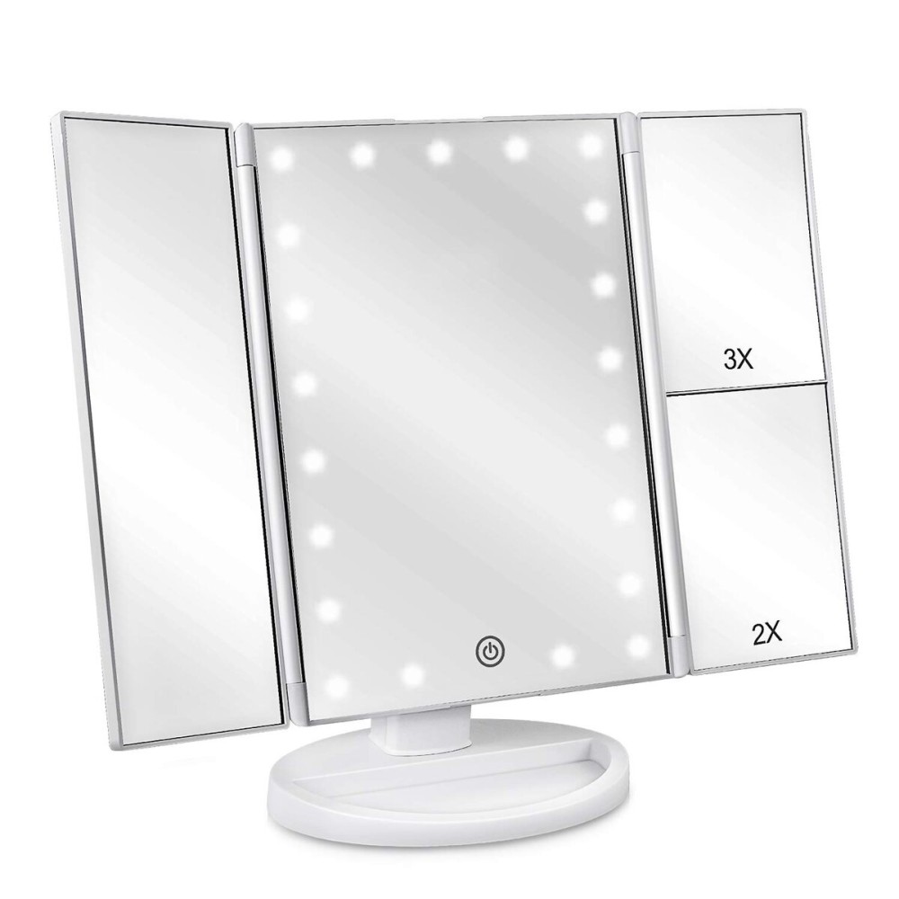 deweisn Floor Mount Tri-Fold Lighted Vanity Mirror with 21 LED Lights, Touch Screen and 3X/2X/1X Magnification, Two Power Supply Modes Make Up Mirror,Travel Mirror