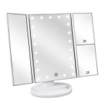 deweisn Floor Mount Tri-Fold Lighted Vanity Mirror with 21 LED Lights, Touch Screen and 3X/2X/1X Magnification, Two Power Supply Modes Make Up Mirror,Travel Mirror
