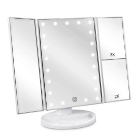 deweisn Floor Mount Tri-Fold Lighted Vanity Mirror with 21 LED Lights, Touch Screen and 3X/2X/1X Magnification, Two Power Supply Modes Make Up Mirror,Travel Mirror