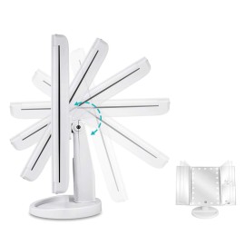 deweisn Floor Mount Tri-Fold Lighted Vanity Mirror with 21 LED Lights, Touch Screen and 3X/2X/1X Magnification, Two Power Supply Modes Make Up Mirror,Travel Mirror