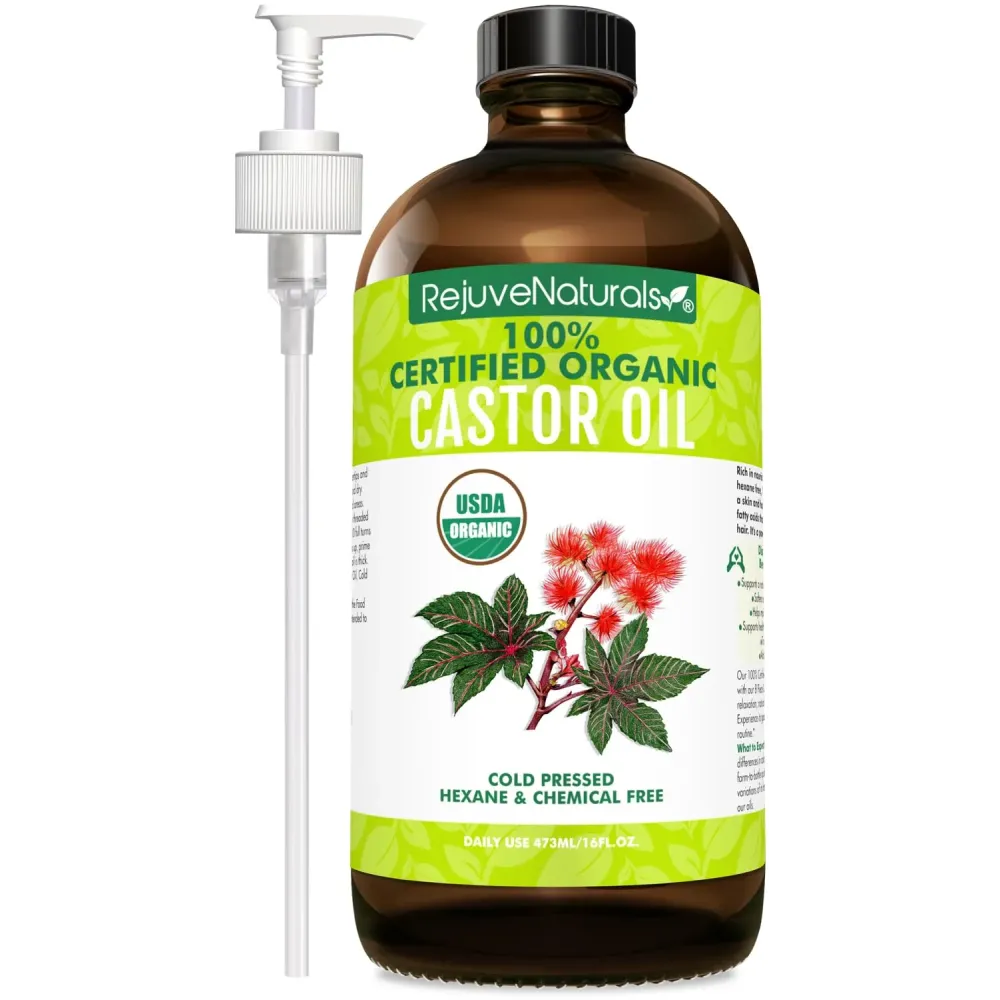 RejuveNaturals Castor Oil (16oz Glass Bottle) USDA Certified Organic, 100% Pure, Cold Pressed, Hexane Free. Boost Hair Growth for Thicker, Fuller Hair, Lashes & Eyebrows. RejuveNaturals Castor Oil (16oz Glass Bottle) USDA Certified Organic, 100% Pure, Cold Pressed, Hexane Free. Boost Hair Growth for Thicker, Fuller Hair, Lashes & Eyebrows.
