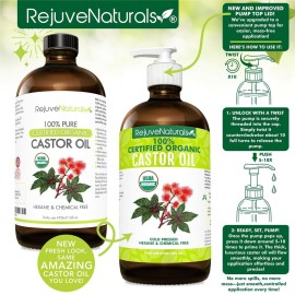 RejuveNaturals Castor Oil (16oz Glass Bottle) USDA Certified Organic, 100% Pure, Cold Pressed, Hexane Free. Boost Hair Growth for Thicker, Fuller Hair, Lashes & Eyebrows. RejuveNaturals Castor Oil (16oz Glass Bottle) USDA Certified Organic, 100% Pure, Cold Pressed, Hexane Free. Boost Hair Growth for Thicker, Fuller Hair, Lashes & Eyebrows.