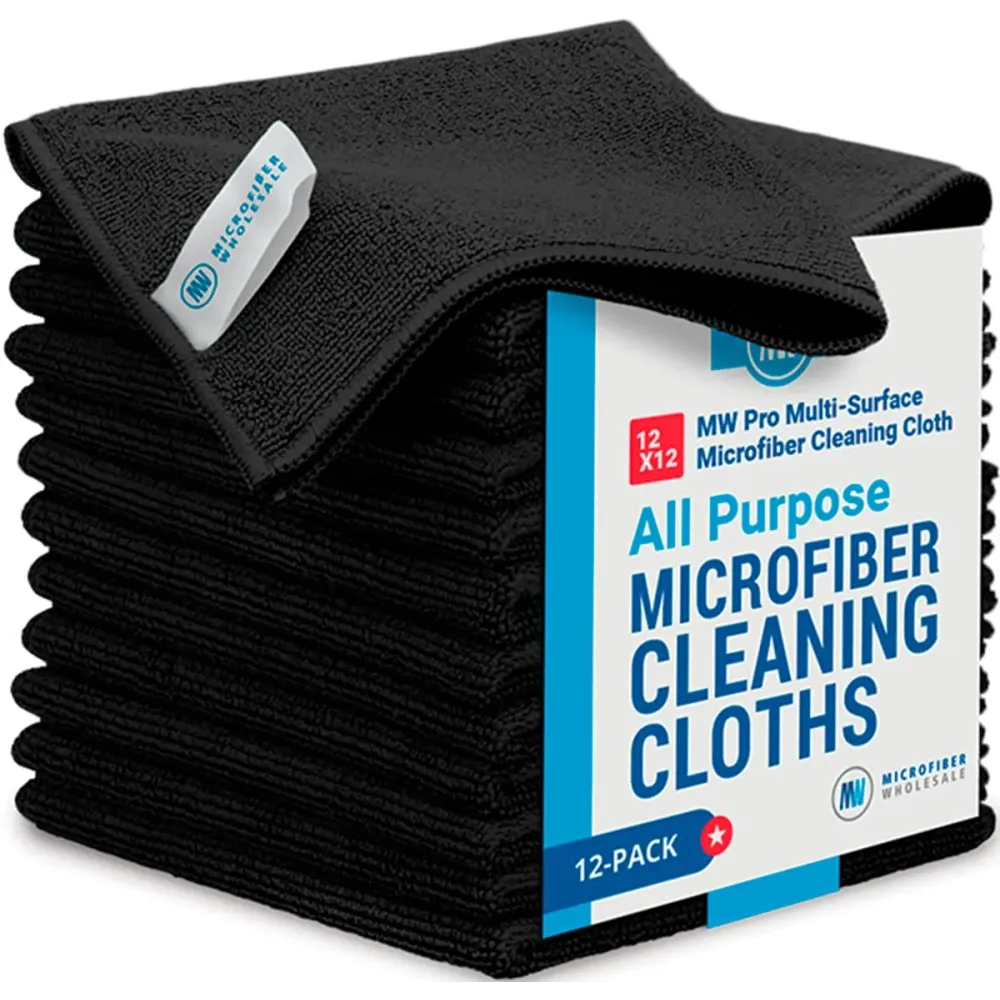 12 x 12 Pro Multi-Surface Microfiber Cleaning Cloths | Black - 12 Pack | Premium Microfiber Towels for Cleaning Glass, Kitchens, Bathrooms, Automotive, Supplies & Products