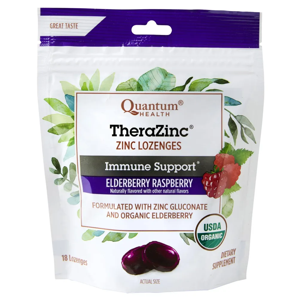 Quantum Health TheraZinc Organic Zinc Lozenges Elderberry Sambucus Raspberry & Honey Immune Support for Adults & Kids 12+ Naturally Flavored Fast Relief with No Aftertaste -18 Count (Package may vary)