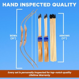 Adventure Awaits! - 2-Pack Handmade Wooden Bow and Arrow Set - 20 Wood Arrows and 2 Quivers - for Outdoor Play Adventure Awaits! - 2-Pack Handmade Wooden Bow and Arrow Set - 20 Wood Arrows and 2 Quivers - for Outdoor Play