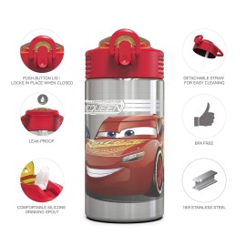 Zak Designs Disney Cars 3 - Stainless Steel Water Bottle with One Hand Operation Action Lid and Built-in Carrying Loop, Kids Water Bottle with Straw Spout is Perfect for Kids (15.5 oz, 18/8, BPA-Free) Zak Designs Disney Cars 3 - Stainless Steel Water Bottle with One Hand Operation Action Lid and Built-in Carrying Loop, Kids Water Bottle with Straw Spout is Perfect for Kids (15.5 oz, 18/8, BPA-Free)