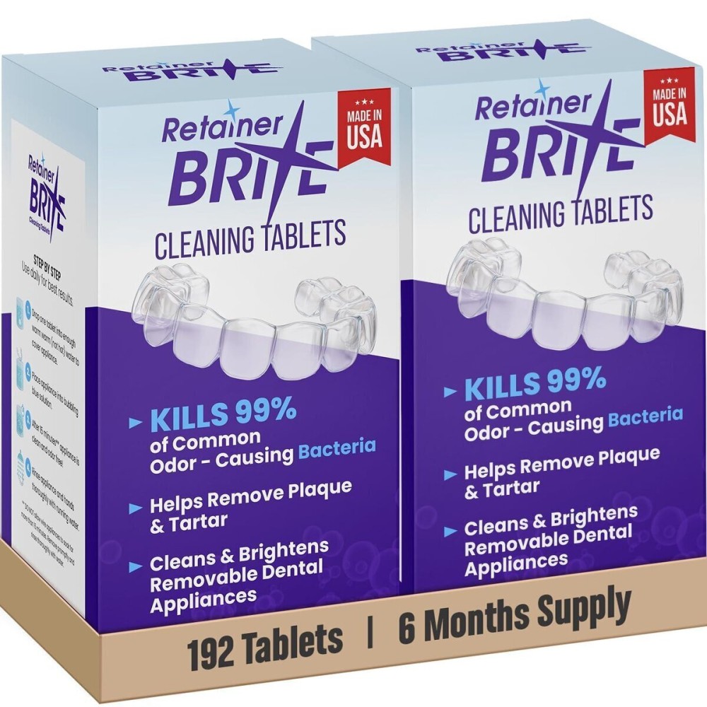 Retainer Brite - Aligner Cleaning Tablets for Invisalign, Mouth Guard Cleaner, Night Guard Cleaner and other Dental Appliances. FDA Registered and Made in USA. 192 Tablets - 6 Month Supply Retainer Brite - Aligner Cleaning Tablets for Invisalign, Mouth Guard Cleaner, Night Guard Cleaner and other Dental Appliances. FDA Registered and Made in USA. 192 Tablets - 6 Month Supply
