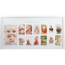 Baby\'s First Year Frame in Elegant White Natural Wood - My First Year Baby Picture Frame for Photo Memories (White)