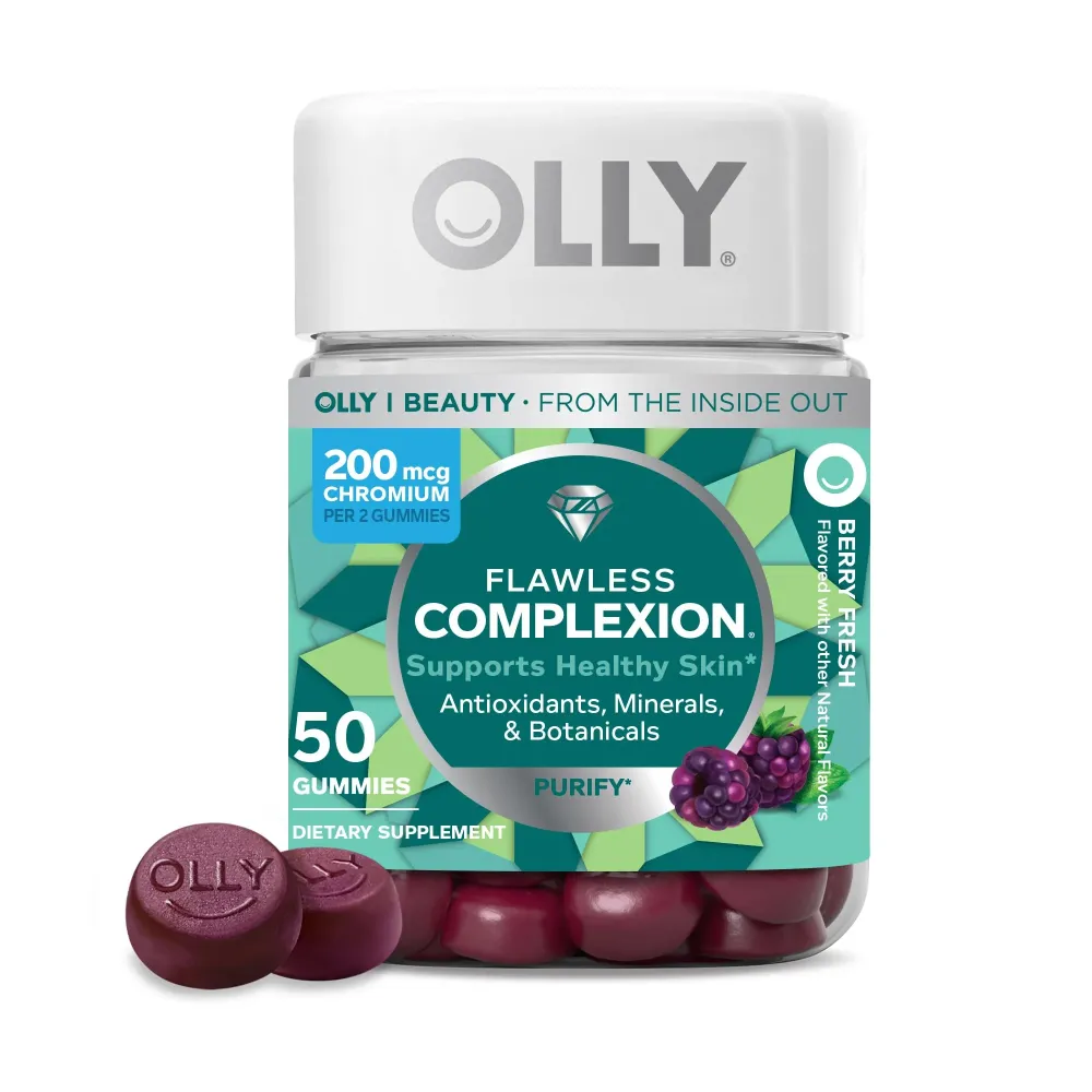 OLLY Flawless Complexion Gummy, Clear and Healthy Skin Support, Vitamins E, A, Zinc, Chewable Supplement, Berry - 50 Count (Pack of 1) OLLY Flawless Complexion Gummy, Clear and Healthy Skin Support, Vitamins E, A, Zinc, Chewable Supplement, Berry - 50 Count (Pack of 1)