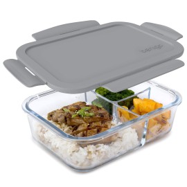 Bentgo Glass Lunch Box - Leak-Proof Bento-Style Food Container with Airtight Lid and Divided 3-Compartment Design - 5 Cup Capacity for Meal Prepping, and Portion-Controlled Meals for Adults (Gray)