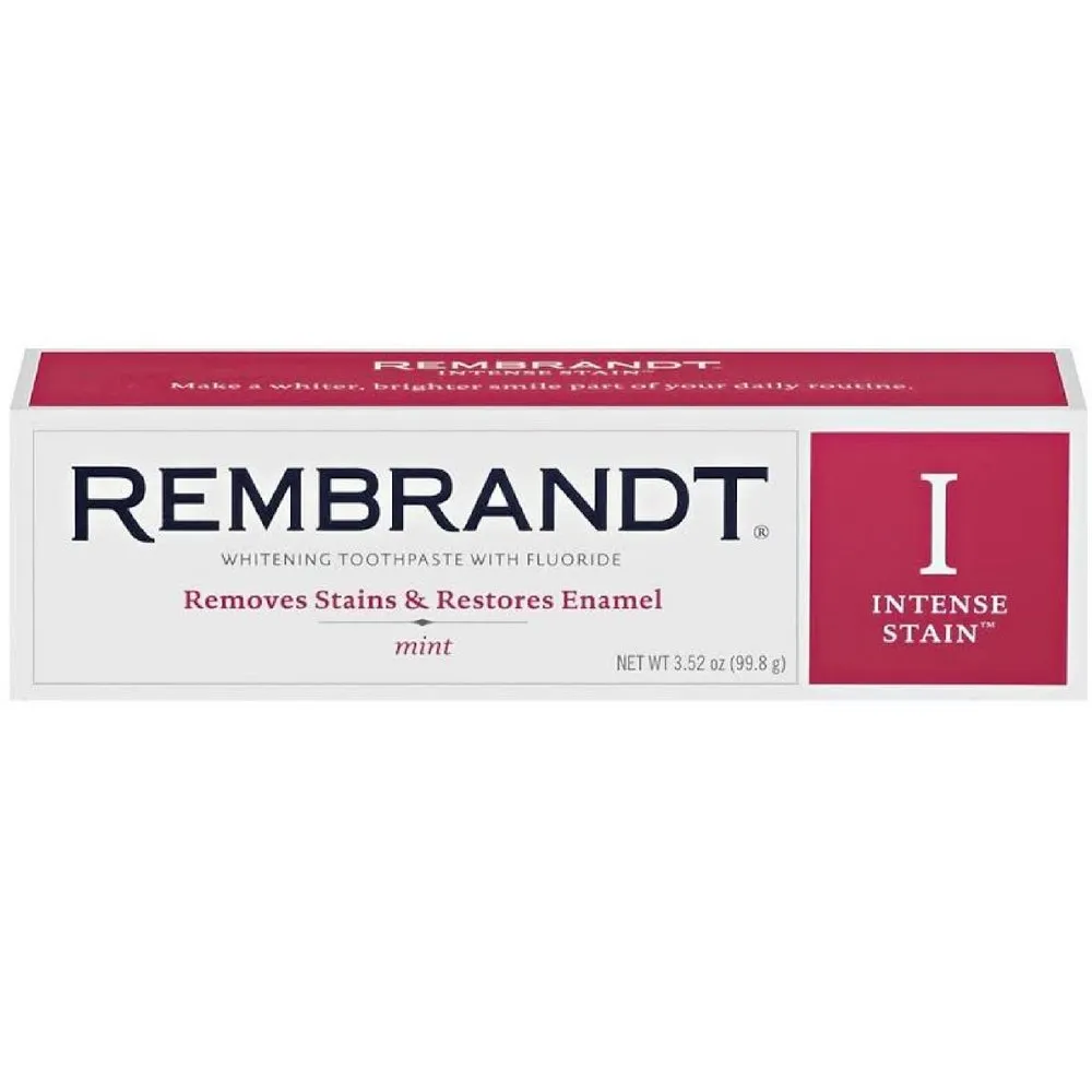REMBRANDT Intense Stain Whitening Toothpaste With Fluoride, Removes Tough Stains, Rehardens And Strengthens Enamel, 3.5 Ounce - (Pack of 2) REMBRANDT Intense Stain Whitening Toothpaste With Fluoride, Removes Tough Stains, Rehardens And Strengthens Enamel, 3.5 Ounce - (Pack of 2)