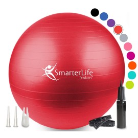 SmarterLife Exercise Ball, Yoga Ball for Fitness, Balance, Stability, or Pregnancy, Gym Ball for Core Workout, Physical Therapy, Yoga Ball Chair for Office, Anti-Slip Anti-Burst (45 cm, Red)