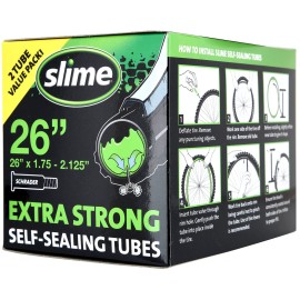 Slime 30074 Bike Inner Tubes with Slime Puncture Sealant, Extra Strong, Self Sealing, Prevent and Repair, Schrader Valve, 26x1.75-2.125, Value 2-Pack