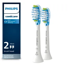 Philips Sonicare C3 2-in-1 Plaque Removal+Whitening Brush Heads, Genuine Replacement Toothbrush Heads, White, 2 Pack, HX9042/65